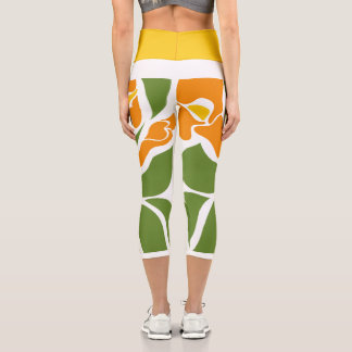 Green & Orange Modern Abstract Floral Capri Leggings