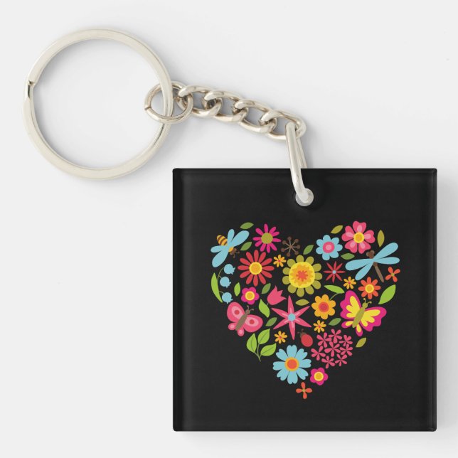 Green & Orange Modern Abstract Floral Key Ring (Front)