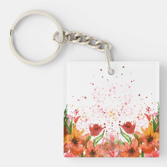 Green & Orange Modern Abstract Floral Key Ring (Front)