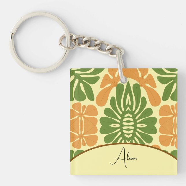 Green & Orange Modern Abstract Floral Key Ring (Front)
