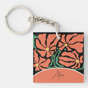 Green & Orange Modern Abstract Floral Key Ring