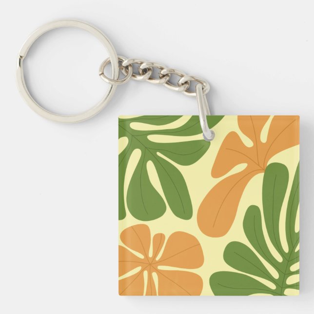 Green & Orange Modern Abstract Floral Key Ring (Front)