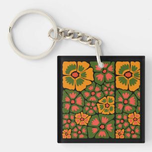 Green & Orange Modern Abstract Floral Key Ring