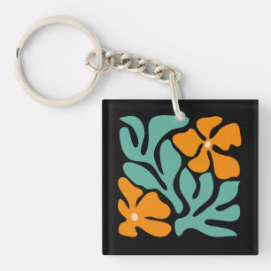 Green & Orange Modern Abstract Floral Key Ring