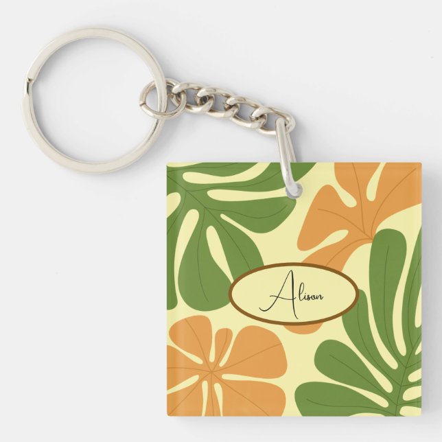 Green & Orange Modern Abstract Floral Key Ring (Front)