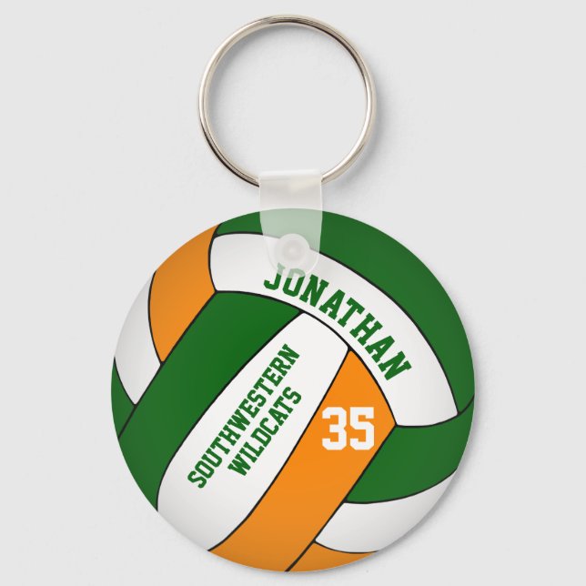green orange personalised boys' volleyball key ring (Front)