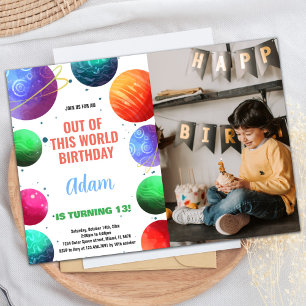 Green Orange Photo Outer Space Birthday Invitation