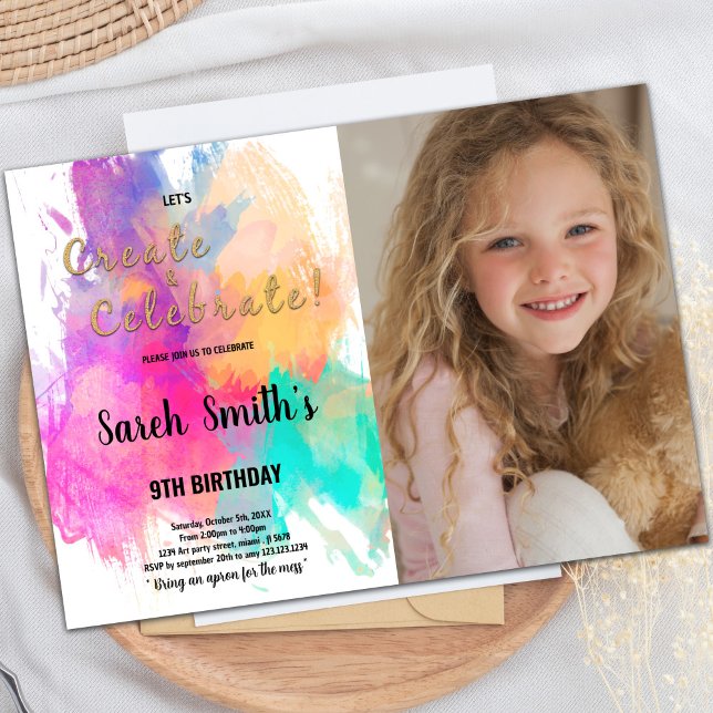 Green Orange Pink Paint Birthday Invitation (Green orange pink Paint Birthday Invitations Photo)