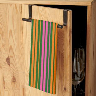 Green Orange Pink Vertical Stripes Design Tea Towel