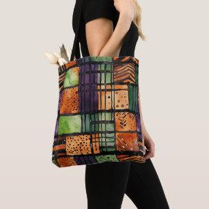 GREEN ORANGE PURPLE BLACK ABSTRACT HALLOWEEN TOTE BAG