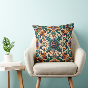 Green Orange Purple Portuguese Azulejos Tiles Art Cushion