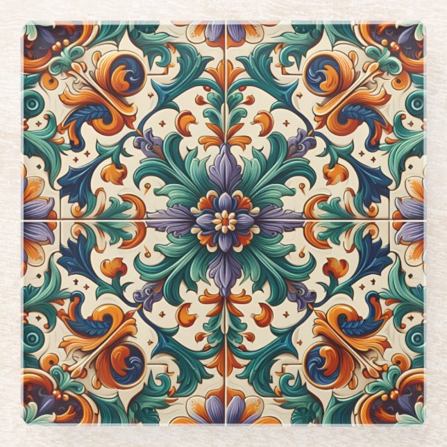 Green Orange Purple Portuguese Azulejos Tiles Art Glass Coaster (Front)