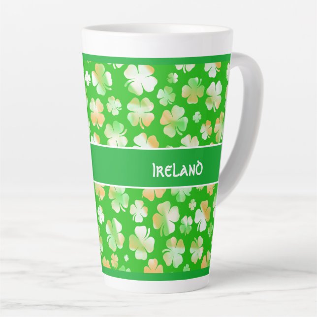 Green/Orange Shamrocks Pattern St. Patrick's Day Latte Mug (Right Angle)