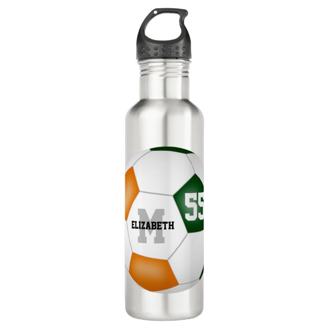green orange soccer girl boy school team colours 710 ml water bottle (Front)