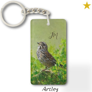 Green Orange Song Sparrow Bird Painting Initials  Key Ring