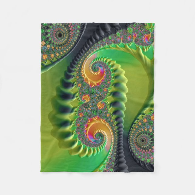 Green Orange Spirals Fine Fractal Art Fleece Blanket (Front)