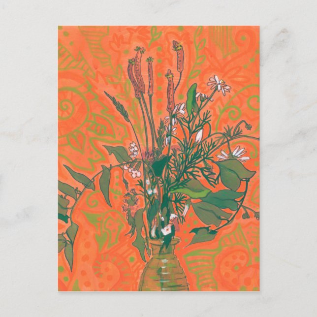 Green & Orange  Summer Wildflowers Floral Painting Postcard (Front)