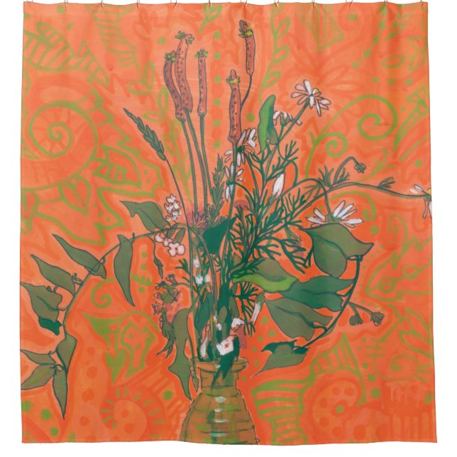 Green & Orange  Summer Wildflowers Floral Painting Shower Curtain (Front)