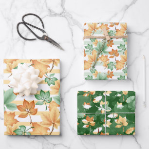 GREEN ORANGE TAN FALL AUTUMN LEAVES WRAPPING PAPER SHEET