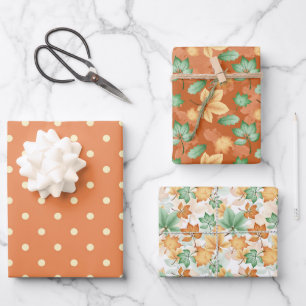 GREEN ORANGE TAN FALL AUTUMN LEAVES WRAPPING PAPER SHEET