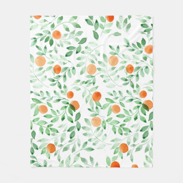 Green Orange Tangerine Provence Watercolor Fleece Blanket (Front)