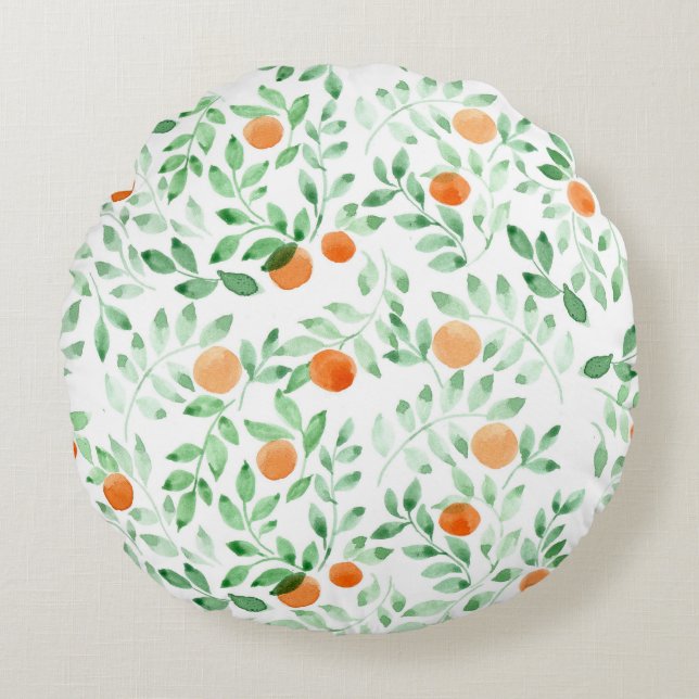 Green Orange Tangerine Provence Watercolor Round Cushion (Front)