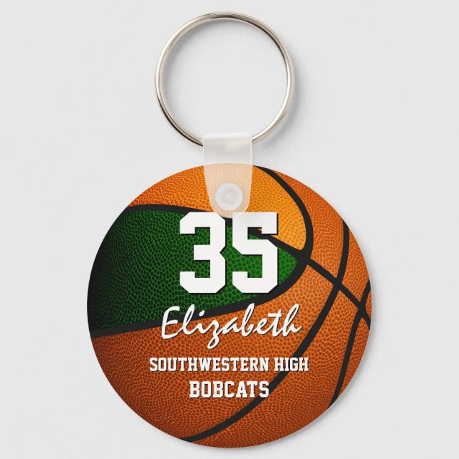 Green orange team colours girls boys basketball key ring (Front)