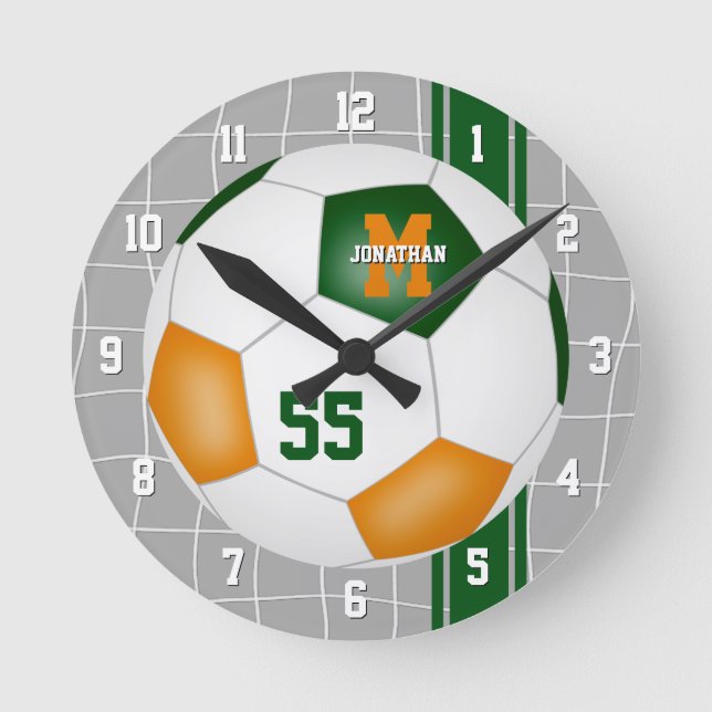 green orange team colours varsity stripes soccer round clock (Front)