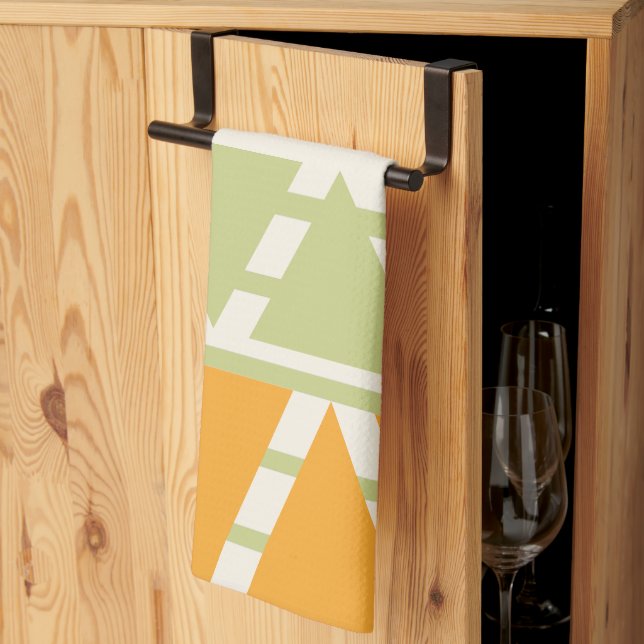Green Orange Triangle Stripes Pattern Tea Towel (Thirds Fold)