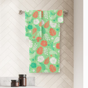 Green & Orange Tropical Foliage Pattern Bath Towel Set