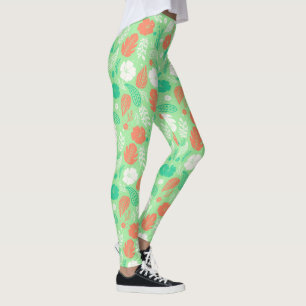 Green & Orange Tropical Foliage Pattern Leggings