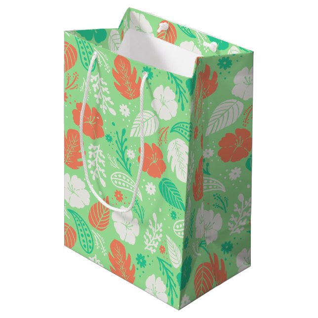 Green & Orange Tropical Foliage Pattern Medium Gift Bag (Front Angled)