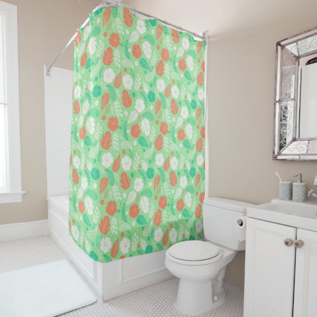 Green & Orange Tropical Foliage Pattern Shower Curtain (In Situ)