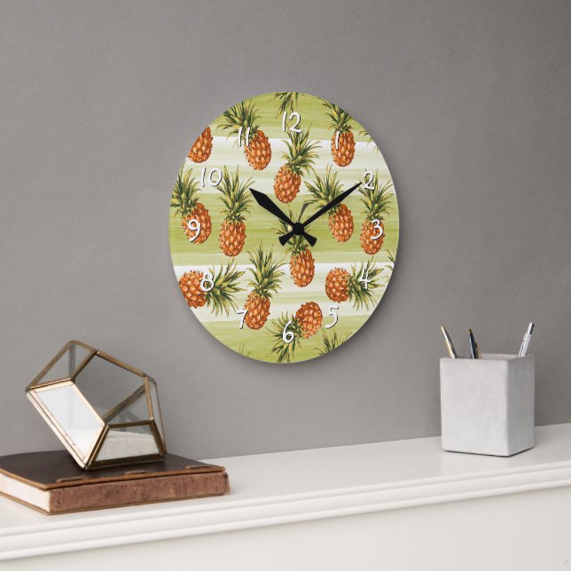 Green Orange Tropical Pineapple Fruit Pattern Large Clock (Office)