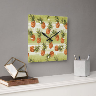 Green Orange Tropical Pineapple Fruit Pattern Square Wall Clock