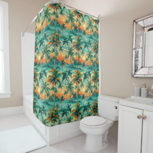 GREEN & ORANGE TROPICAL SUNSET SCENE SHOWER CURTAIN