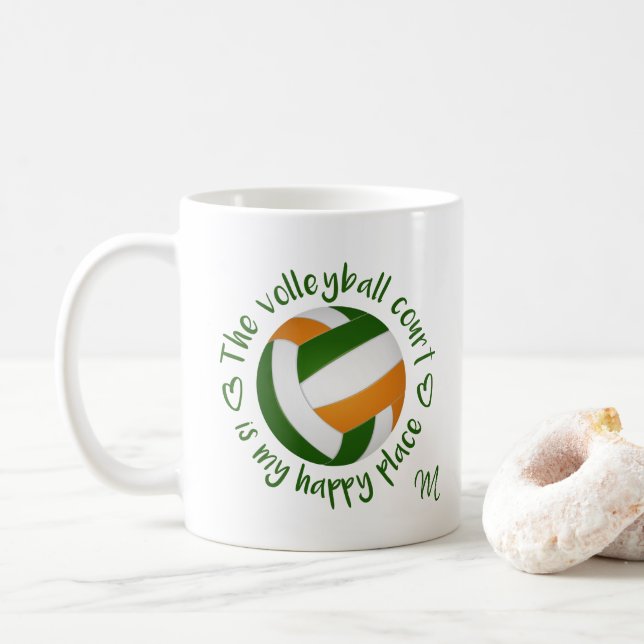 green orange volleyball court is my happy place coffee mug (With Donut)