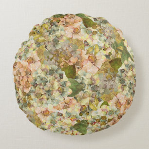 GREEN & ORANGE WATERCOLOR HYDRANGEAS ROUND CUSHION