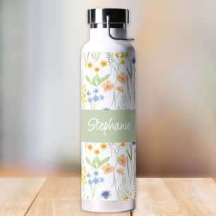 Green Orange Watercolor Wildflower Monogram Name Water Bottle