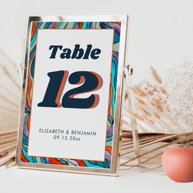 Green Orange Wavy Modern Retro Groovy Wedding Table Number (Front and Back)