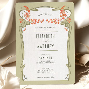 Green Orange Wedding Vintage Art Nouveau Invitation