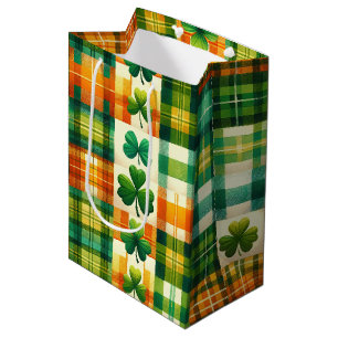 GREEN ORANGE WHITE IRISH PLAID AND SHAMROCKS MEDIUM GIFT BAG