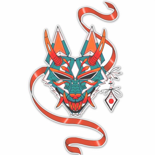 Green orange white Japanese fox mask (Front)