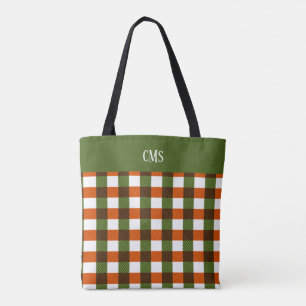 Green, Orange, White Plaid Monogram Tote Bag