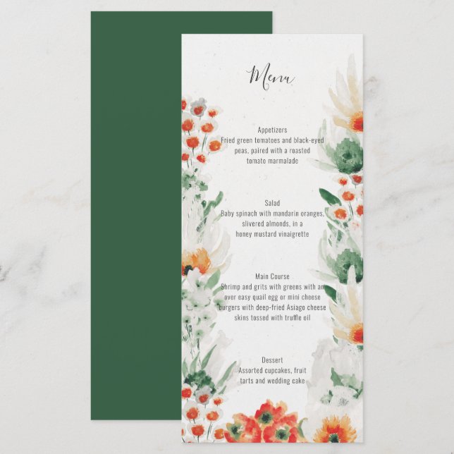 Green Orange White Watercolor Floral Wedding | Menu (Front/Back)