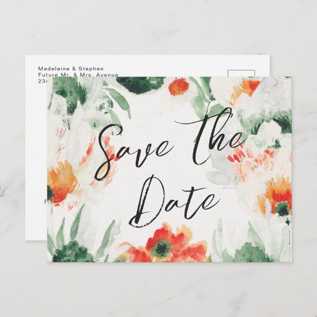 Green & orange Wildflowers floral Save the Date Announcement Postcard (Front/Back)