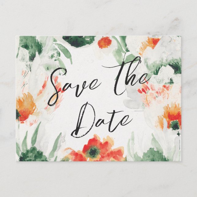 Green & orange Wildflowers QR Code Save the Date Announcement Postcard (Front)