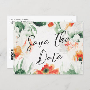 Green & orange Wildflowers QR Code Save the Date Announcement Postcard