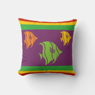 green, orange, yellow, and Green fish on white Cushion