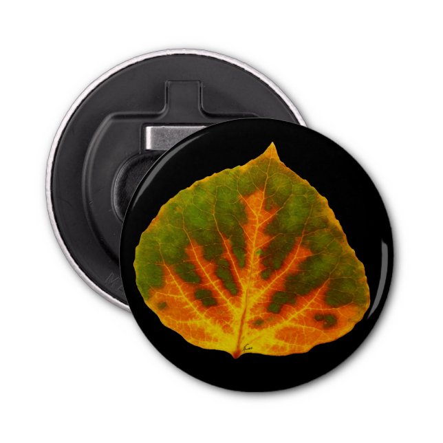 Green Orange & Yellow Aspen Leaf #1 Bottle Opener (Front)